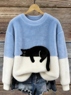 Women's Colorblock Cat Crew Neck Sweater