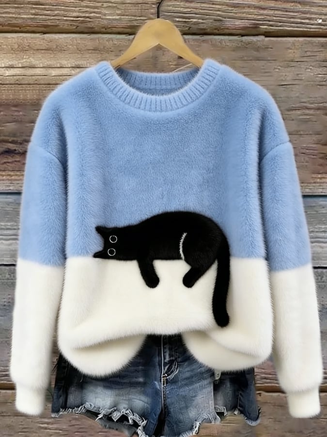 Women's Colorblock Cat Crew Neck Sweater