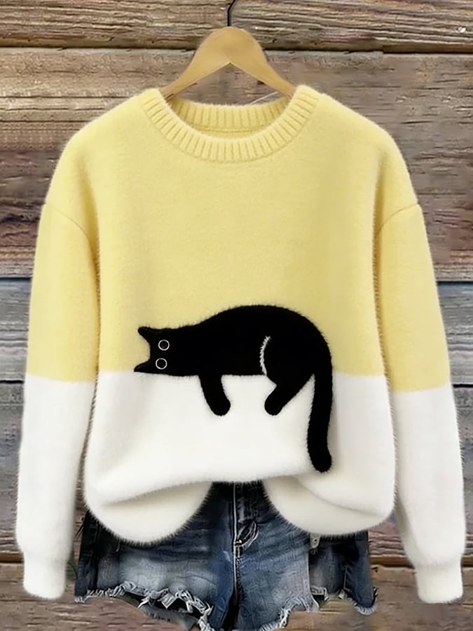 Women's Colorblock Cat Crew Neck Sweater