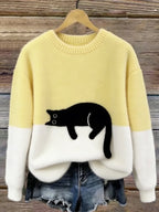 Women's Colorblock Cat Crew Neck Sweater