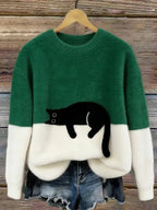 Women's Colorblock Cat Crew Neck Sweater