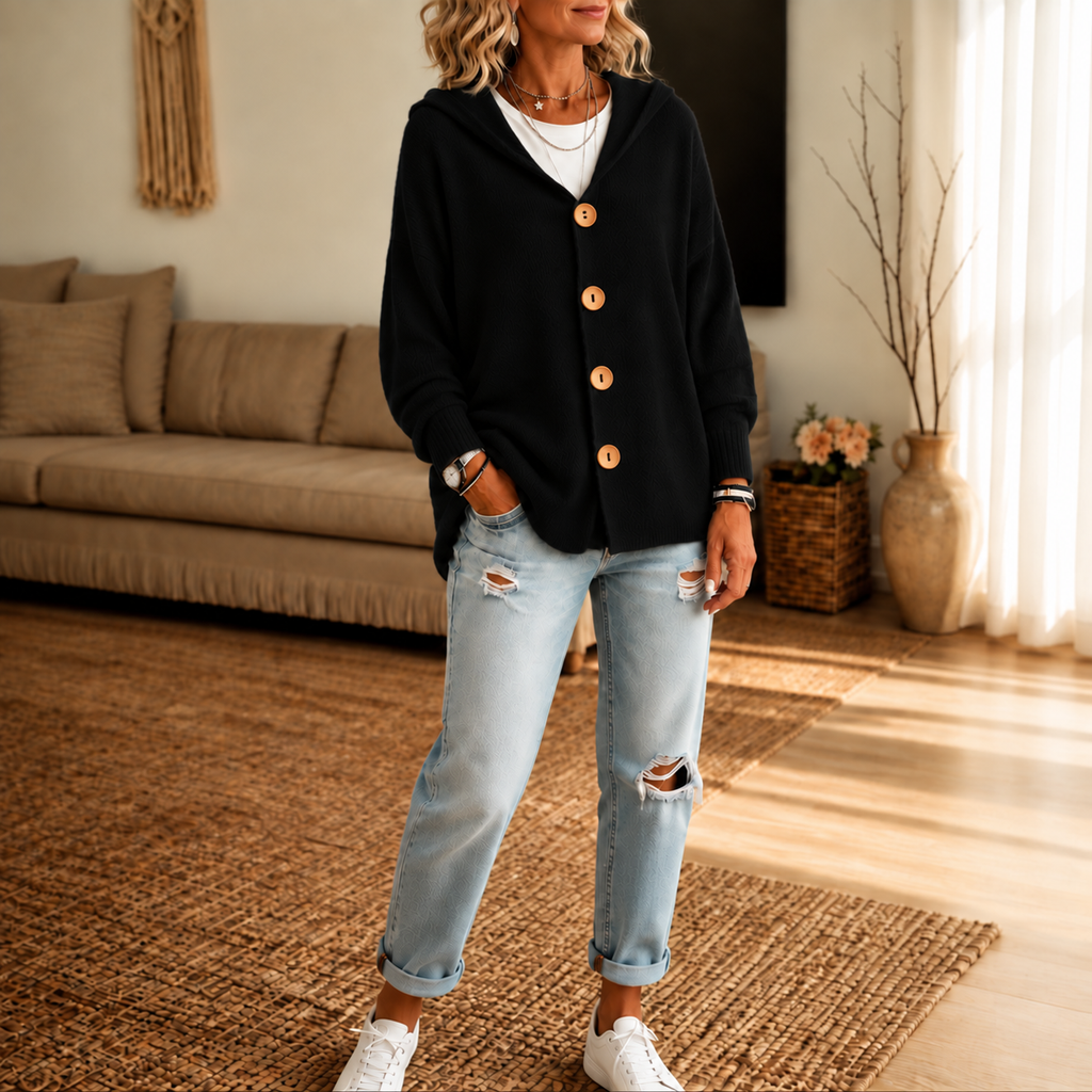 Women's Hooded Waffle Knit Button-Front Cardigan