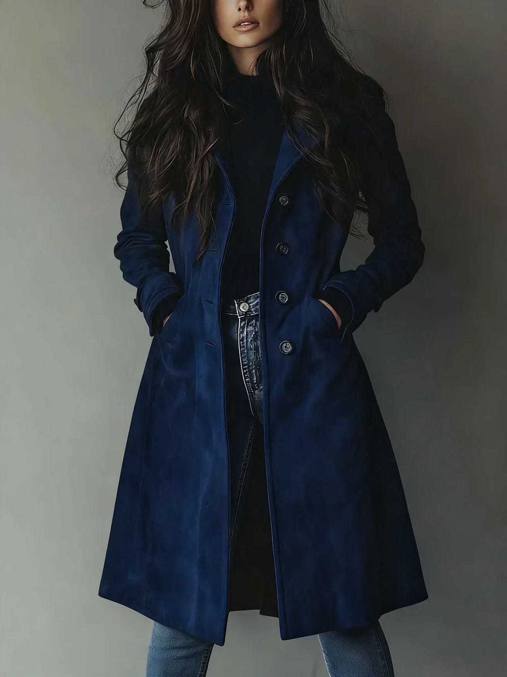 Women's Faux Suede Trench Coat with Button Front