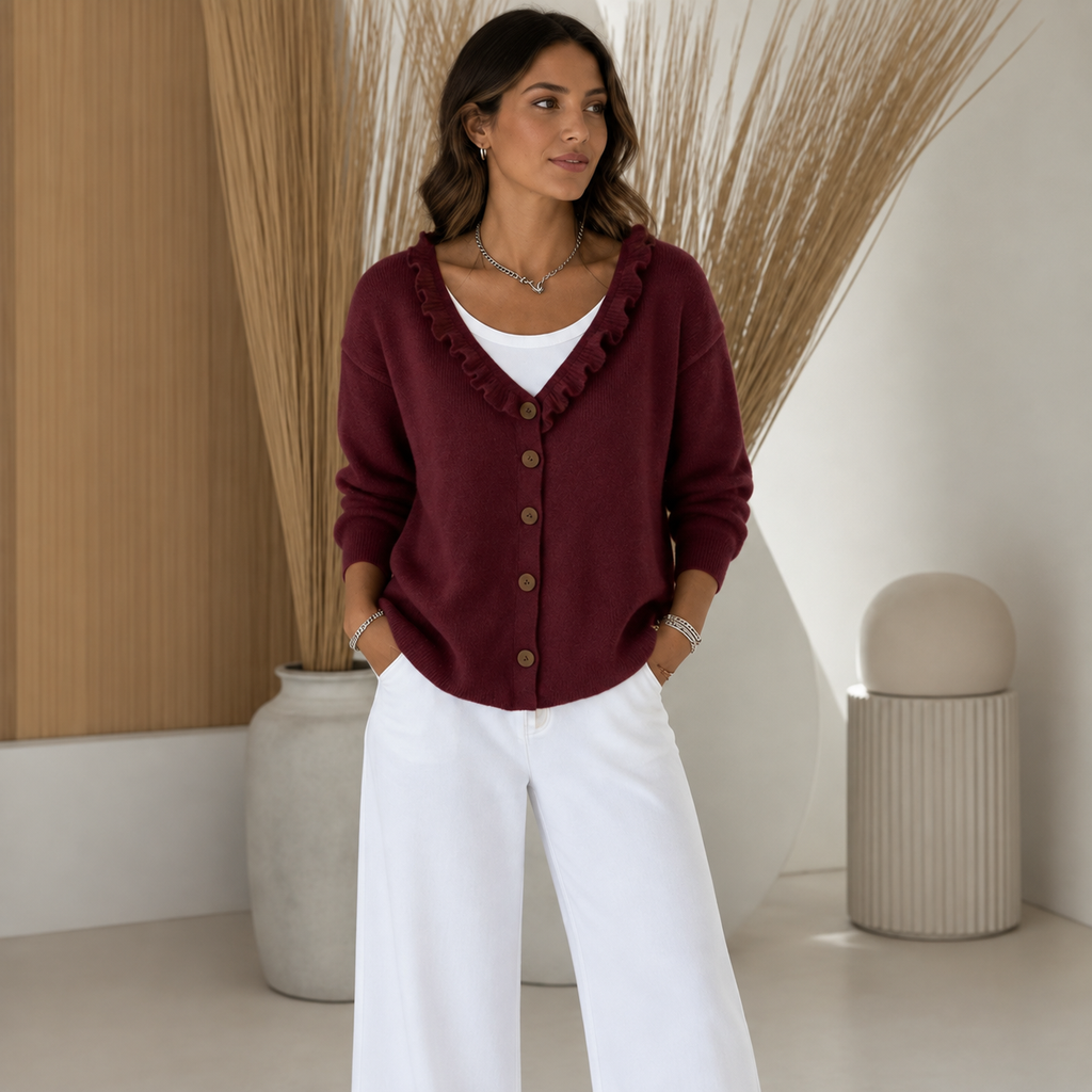 Women's Ruffle Collar Button-Front Knit Cardigan
