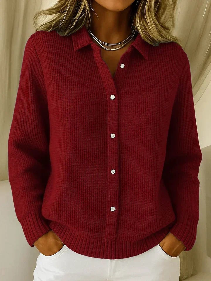 Women's Ribbed Button-Front Cardigan with Shirt Collar