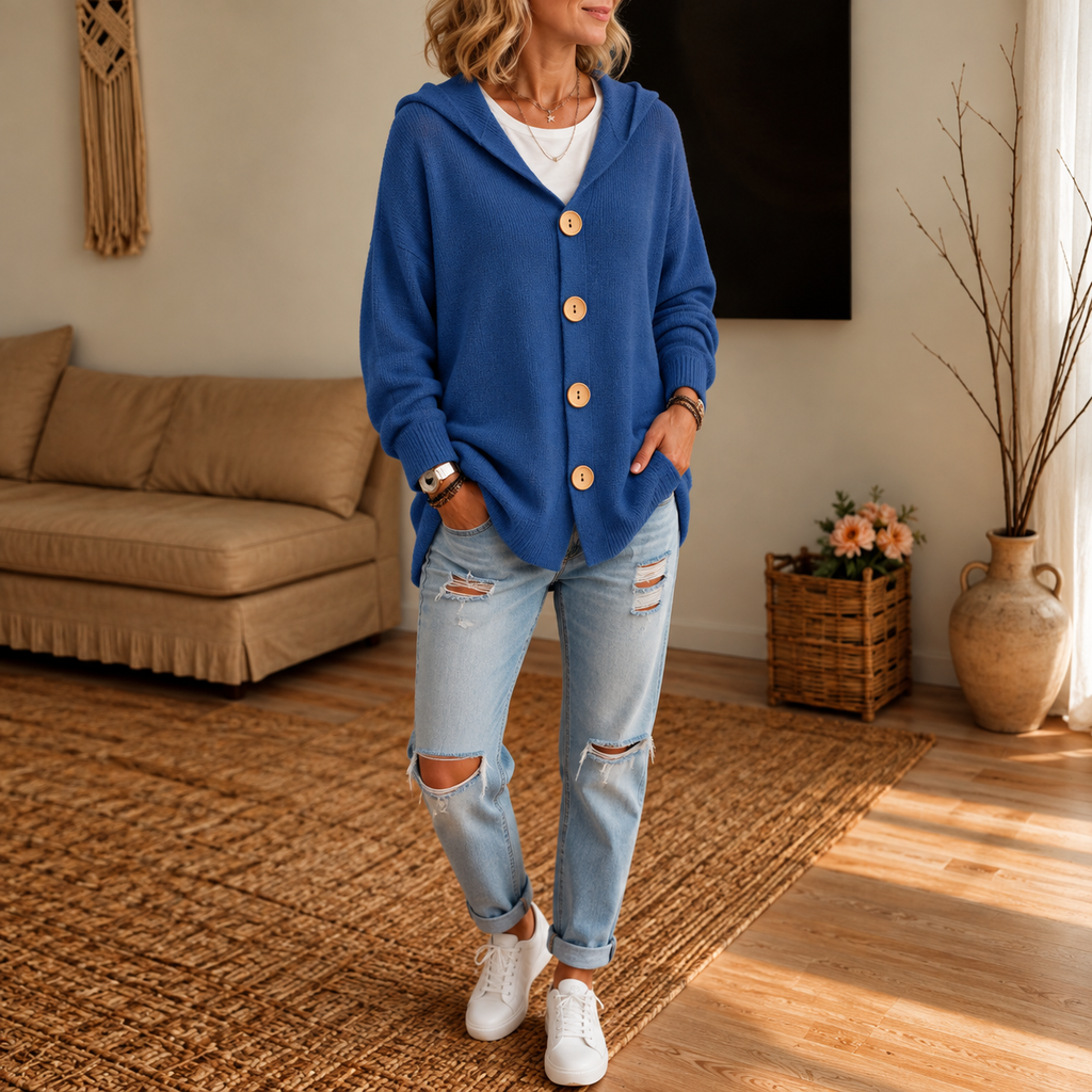 Women's Hooded Waffle Knit Button-Front Cardigan