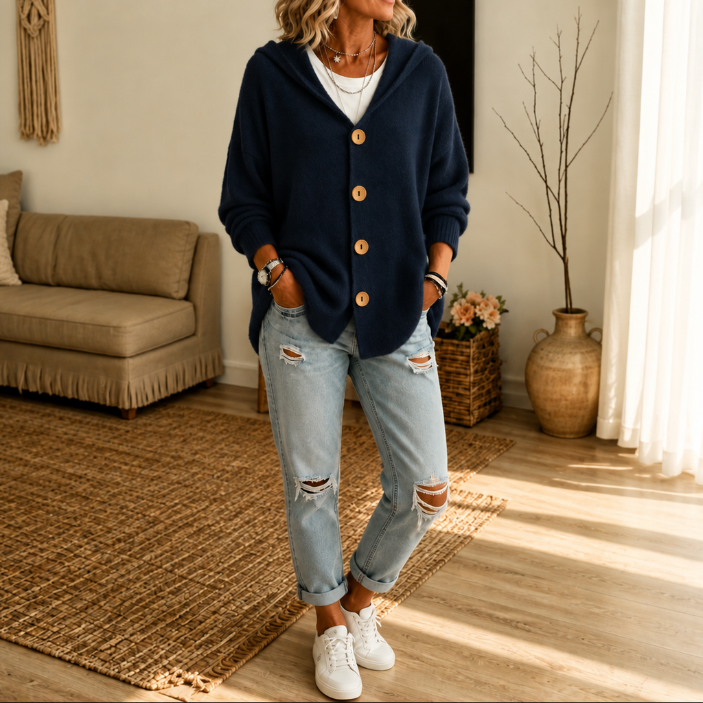 Women's Hooded Waffle Knit Button-Front Cardigan