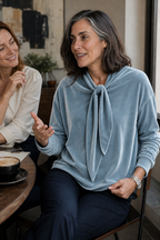 Women's Velvet Tie-Neck Blouse with Relaxed Fit