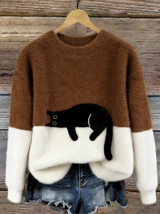 Women's Colorblock Cat Crew Neck Sweater