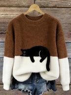 Women's Colorblock Cat Crew Neck Sweater