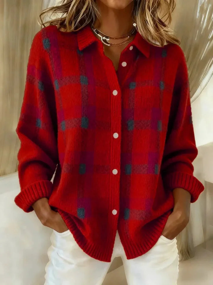Women's Plaid Knit Cardigan with Button Front