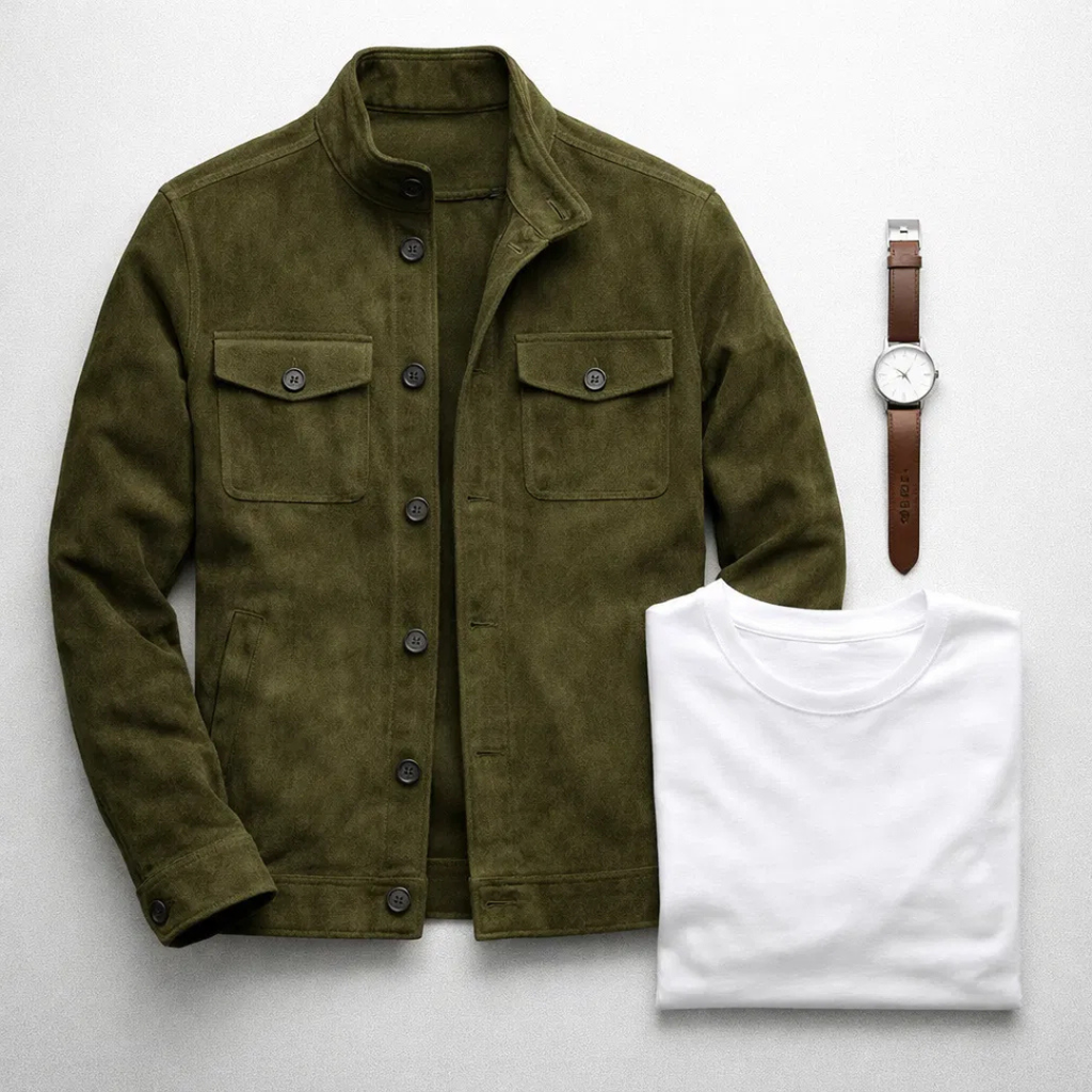 Men's Suede Button-Front Jacket with Stand Collar