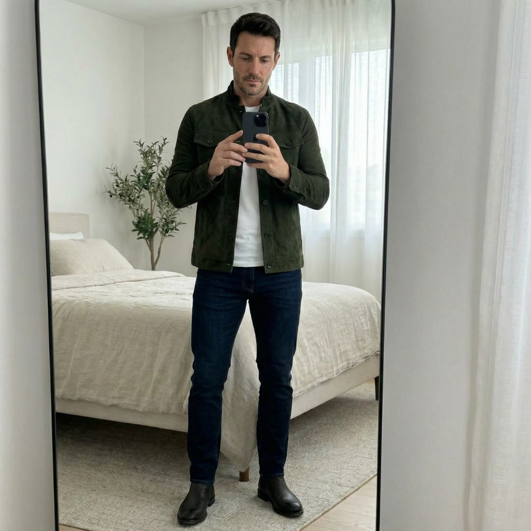 Men's Suede Button-Front Jacket with Stand Collar