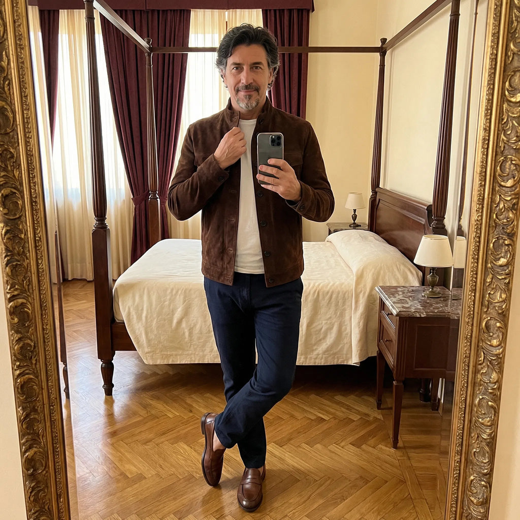 Men's Suede Button-Front Jacket with Stand Collar