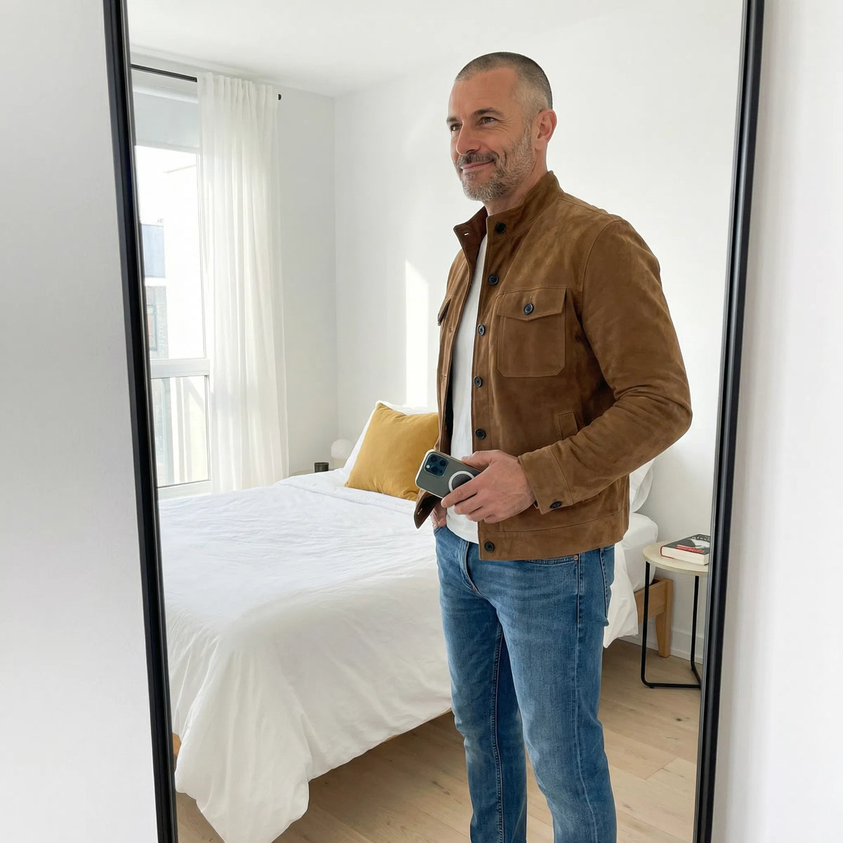 Men's Suede Button-Front Jacket with Stand Collar