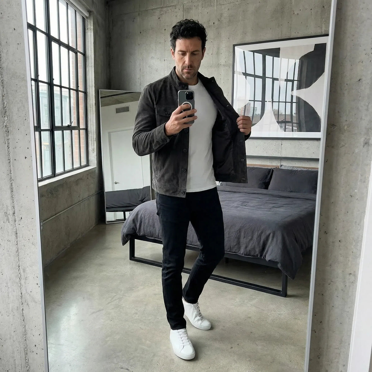 Men's Suede Button-Front Jacket with Stand Collar