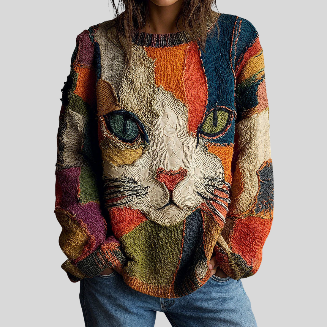 Women's Cat Graphic Crew Neck Knit Sweater