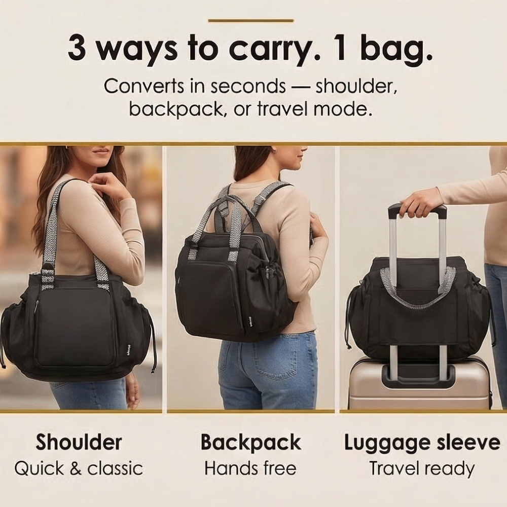 Women's Convertible Nylon Tote Backpack with 15 Pockets