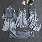 Women's Lace-Trim Pajama Set with Robe and Pants