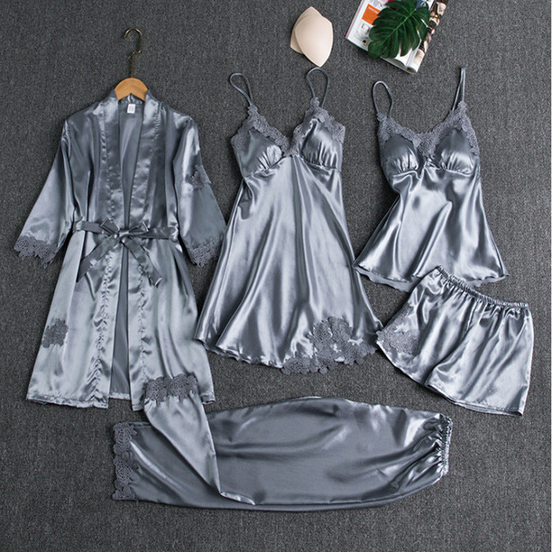 Women's Lace-Trim Pajama Set with Robe and Pants