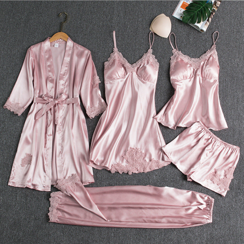 Women's Lace-Trim Pajama Set with Robe and Pants