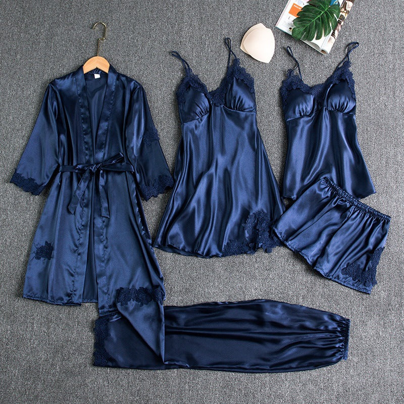 Women's Lace-Trim Pajama Set with Robe and Pants