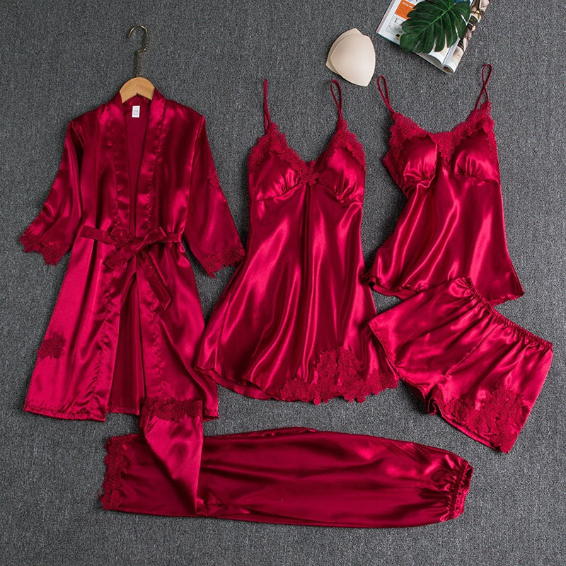 Women's Lace-Trim Pajama Set with Robe and Pants