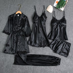 Women's Lace-Trim Pajama Set with Robe and Pants