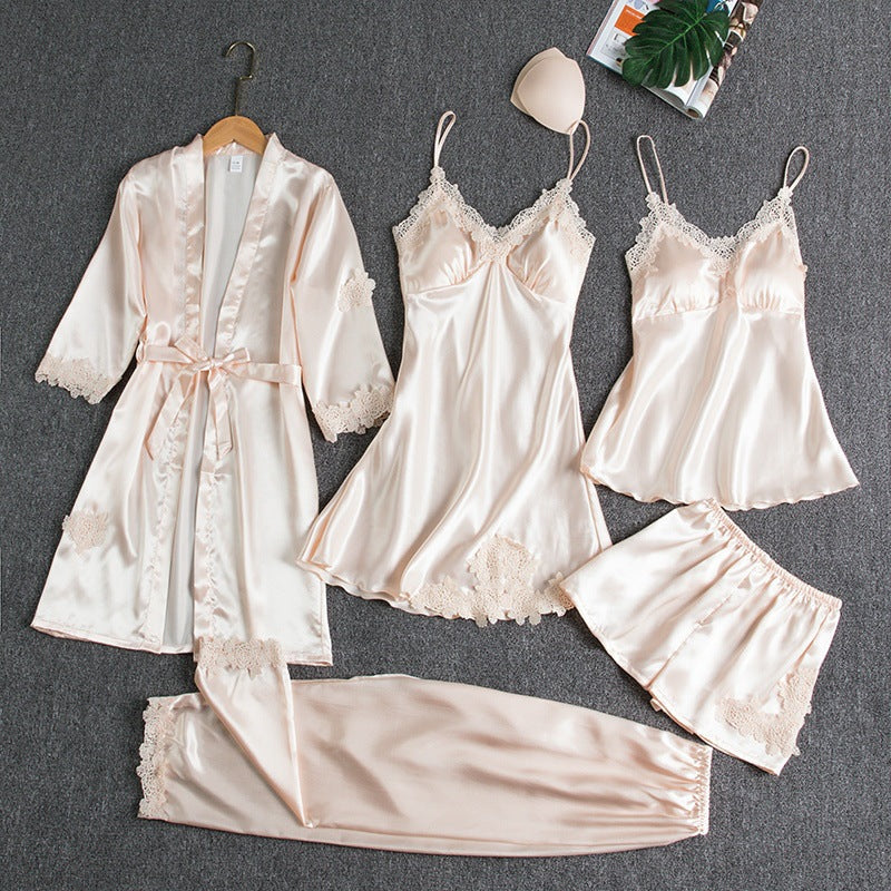 Women's Lace-Trim Pajama Set with Robe and Pants