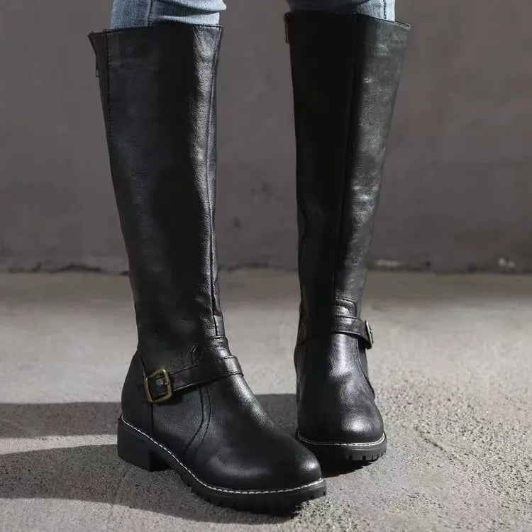 Women's Knee-High Boots with Side Zip and Buckle Detail