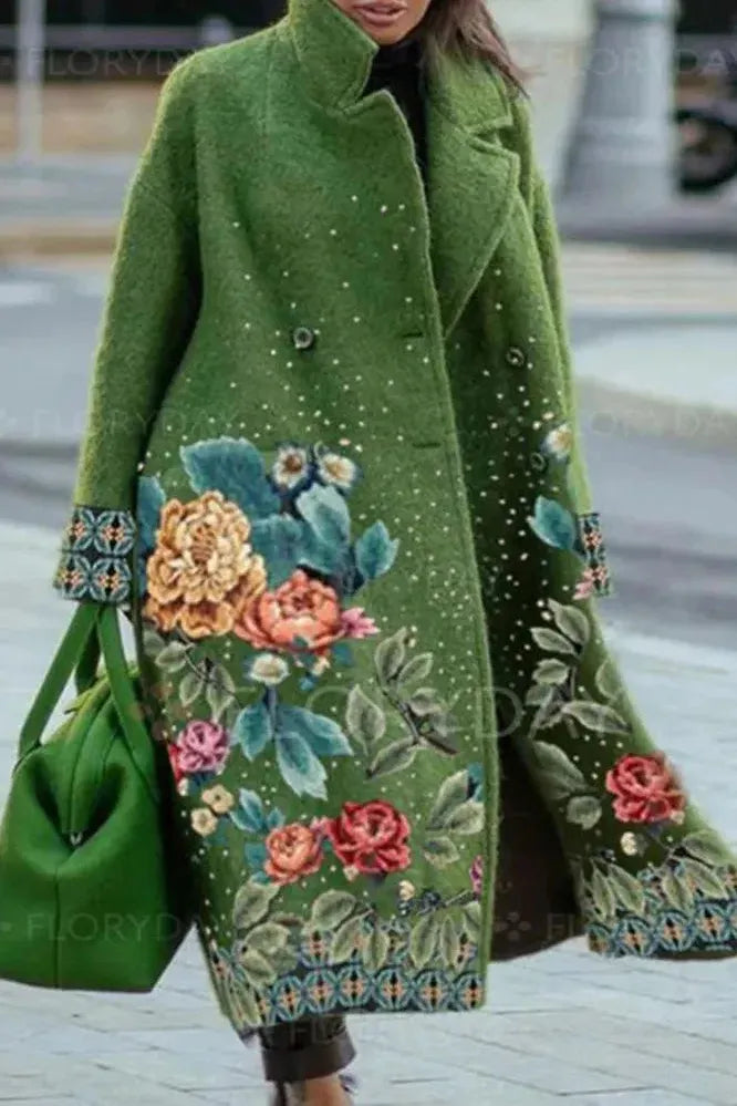Women's Floral Print Long Coat with Stand Collar