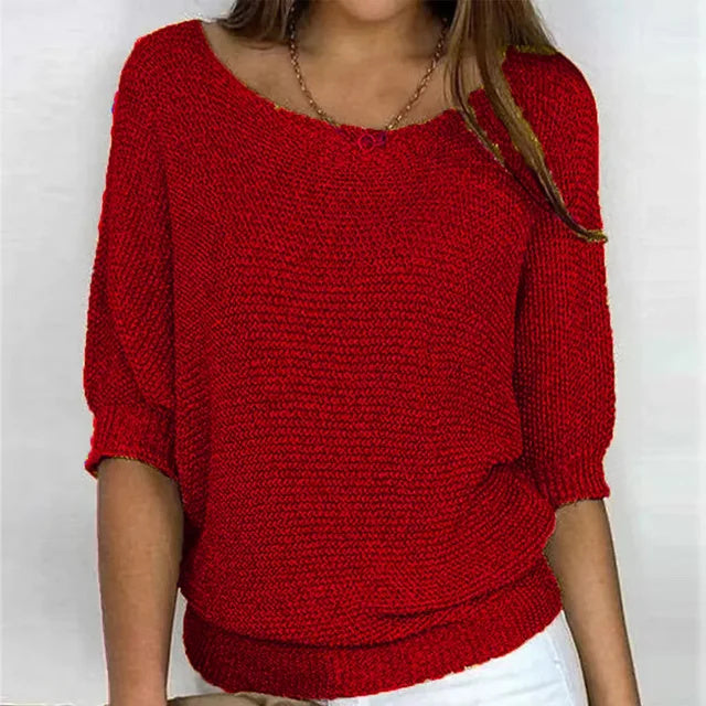 Women's Relaxed Knit Top with Elbow-Length Sleeves
