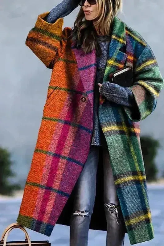 Women's Floral Print Long Coat with Stand Collar
