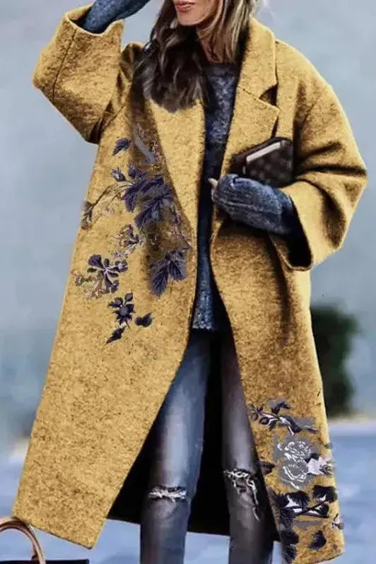 Women's Floral Print Long Coat with Stand Collar