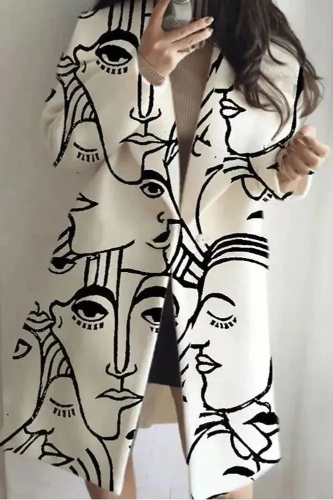 Women's Floral Print Long Coat with Stand Collar