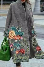 Women's Floral Print Long Coat with Stand Collar