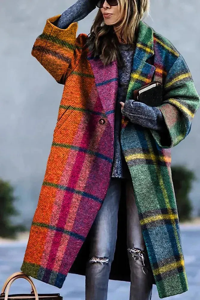 Women's Floral Print Long Coat with Stand Collar