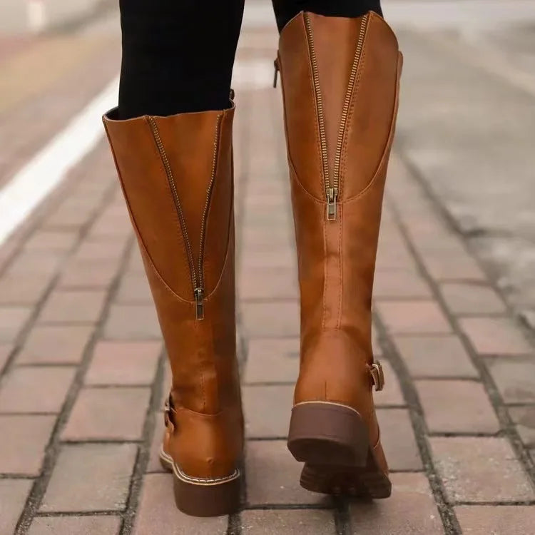 Women's Knee-High Boots with Side Zip and Buckle Detail