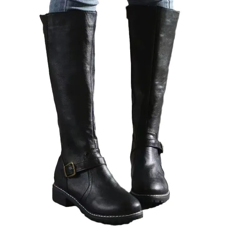 Women's Knee-High Boots with Side Zip and Buckle Detail