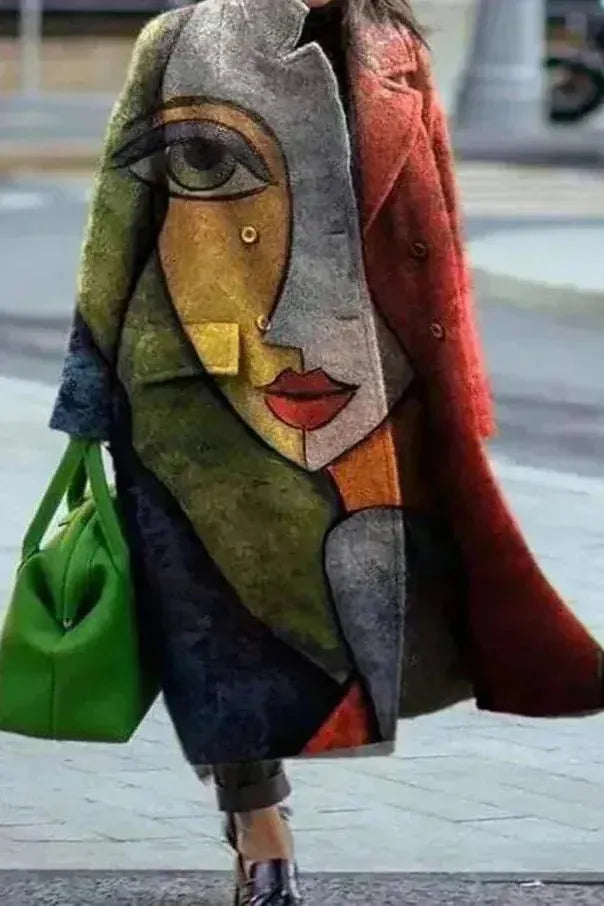 Women's Floral Print Long Coat with Stand Collar