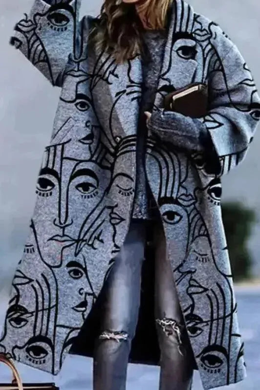 Women's Floral Print Long Coat with Stand Collar