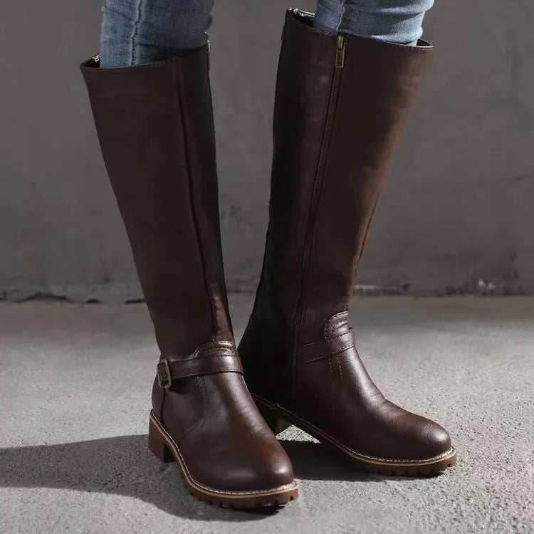 Women's Knee-High Boots with Side Zip and Buckle Detail