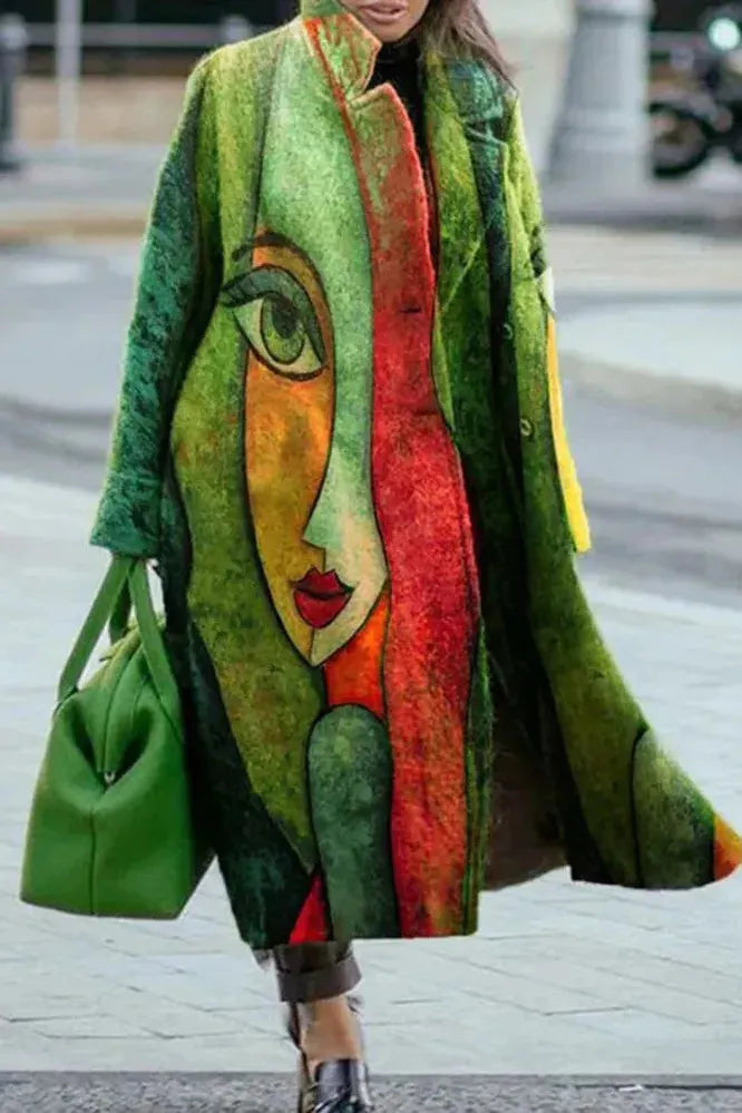 Women's Floral Print Long Coat with Stand Collar