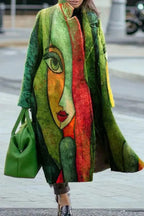Women's Floral Print Long Coat with Stand Collar