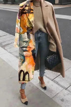 Women's Floral Print Long Coat with Stand Collar