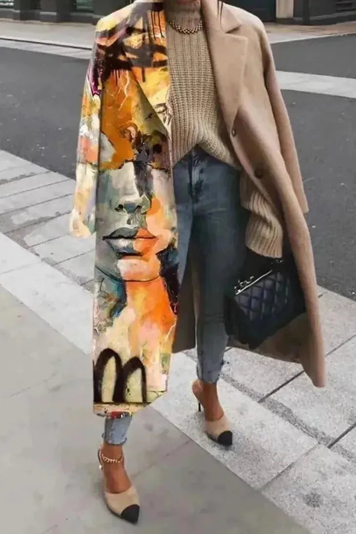 Women's Floral Print Long Coat with Stand Collar