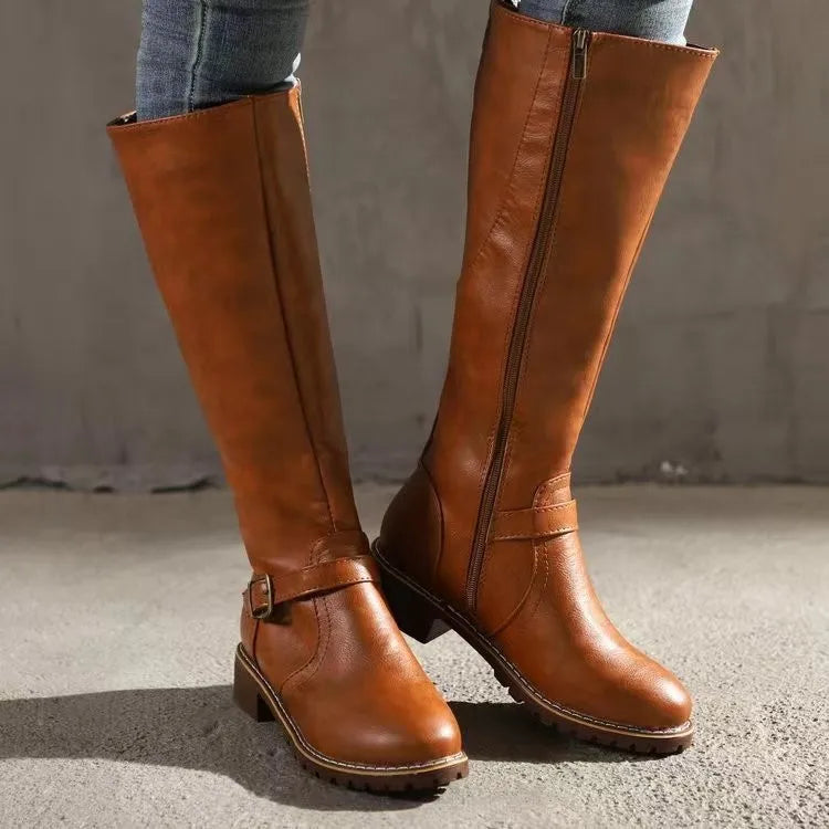 Women's Knee-High Boots with Side Zip and Buckle Detail