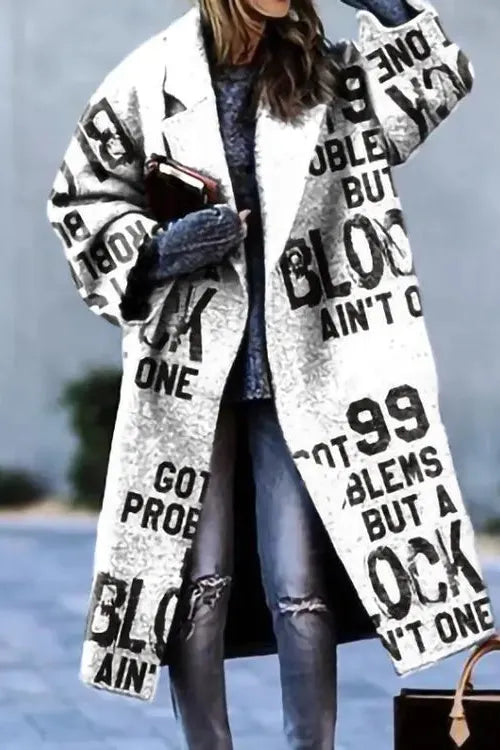 Women's Floral Print Long Coat with Stand Collar