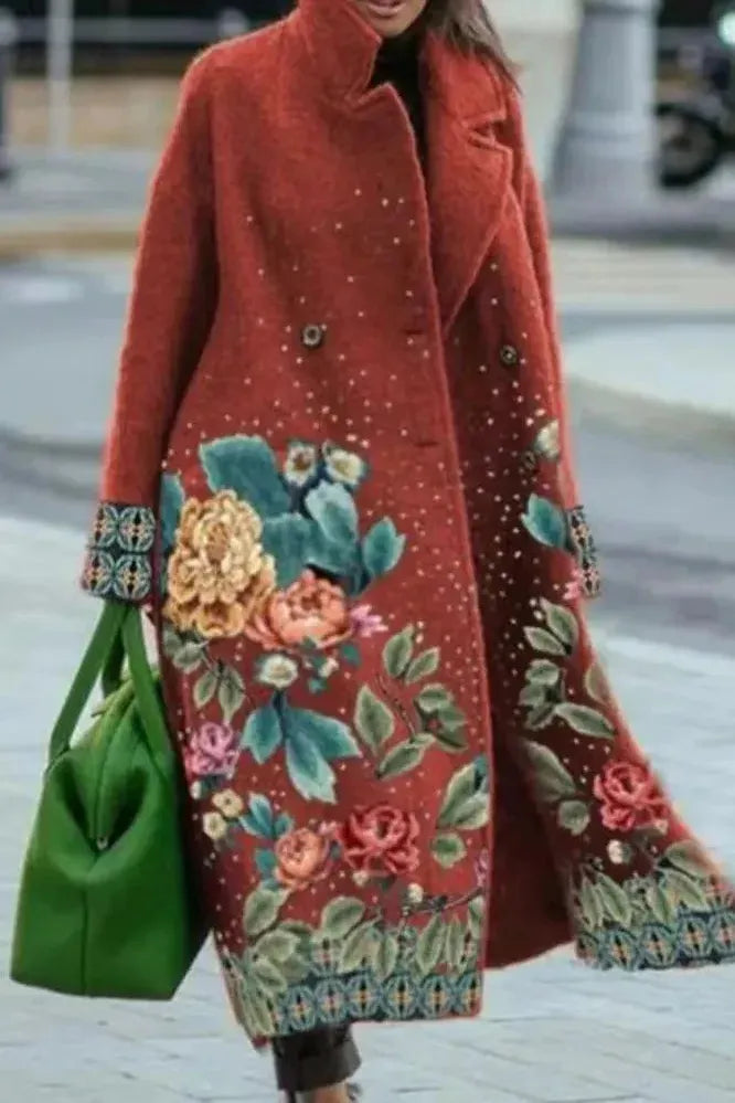 Women's Floral Print Long Coat with Stand Collar