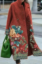 Women's Floral Print Long Coat with Stand Collar